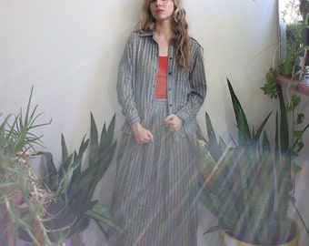 Vintage handmade two piece plaid flannel oxford button up shirt blouse high waist maxi skirt coord matching set