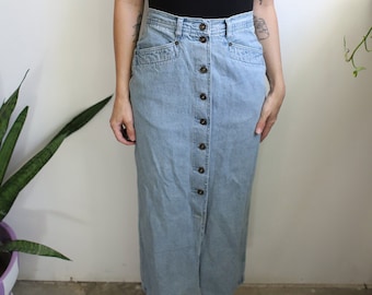 Vintage 1990s 26" high waist button down denim jean midi skirt light wash