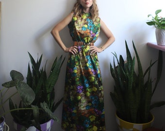 Vintage 1960s 70s Briefette small sleeveless woodland floral maxi dress