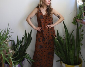 Vintage 1990s small Limited sleeveless tan brown black maxi dress whimsical floral abstract foliage bird butterfly insect