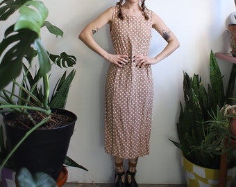 Vintage 1990s taupe beige polka dotted dress / sleeveless