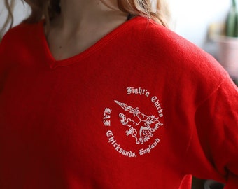 Vintage 1970s 80s Velva Sheen red v-neck pullover sweater - Fightin' Chicks RAF Chicksands, England