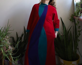 Vintage 1970s 80s front zip long sleeve color block swirl robe - wine red purple turquoise velour