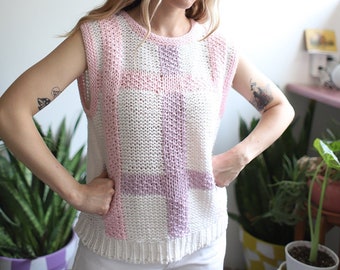 Vintage 1980s hand-knit pastel light pink lavender white sleeveless sweater vest