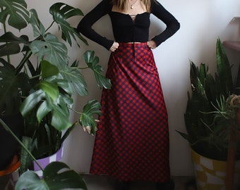 Vintage 1970s small 26" high waist red plaid maxi skirt