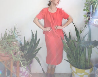 Vintage 1990s coral salmon silk dress + short sleeve cardigan set / minimalist