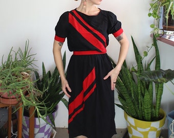 Vintage 1980s small silk Going Places by Pat Argenti two piece skirt + blouse set black and red striped