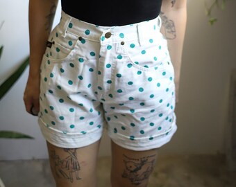 Vintage 1980s 90s Chic xs 25" waist white and turquoise polka dot denim jean shorts dotted patterned