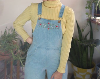 Vintage 1960er 70er XS Jeans-Overall mit weitem Bein, bestickter Blumenherzen-Jumpsuit