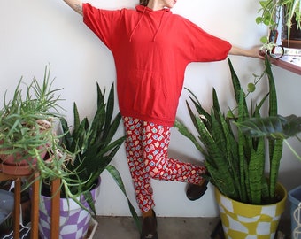 Vintage 1980s 90s two piece outfit - half sleeve red hoodie + high waist straight leg fish print pants leggings / loungewear beach