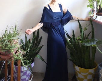 Vintage 1970s Phase II xs small navy blue sleeveless crisscross back maxi dress + fringed floral embroidered shawl bolero cropped