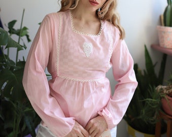 Vintage 1970s xs Polly pastel light pink nos deadstock eyelet lace long sleeve blouse tie back empire waist