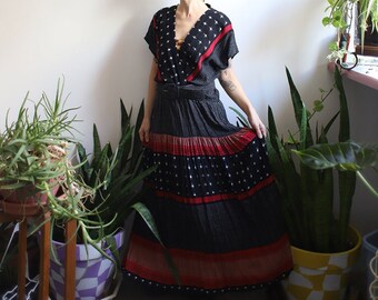 Vintage 1980s 90s Casual Corner wrap style maxi dress black and white grid / magenta red pink