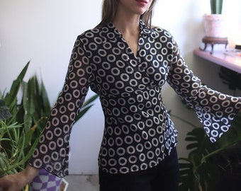 Vintage silk y2k 2000s 00s bell sleeve v-neck black and white blouse