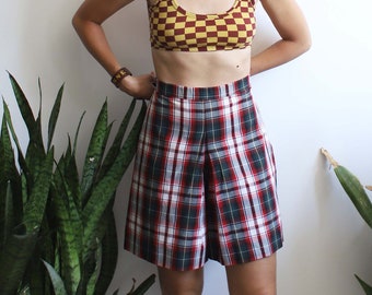 Vintage 1980s 90s high waist tartan plaid patterned shorts skort 28"