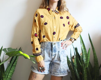 Vintage 1980s Girbaud yellow long sleeved shirt Mirathe Francois / yellow dotted / polka dots / circles