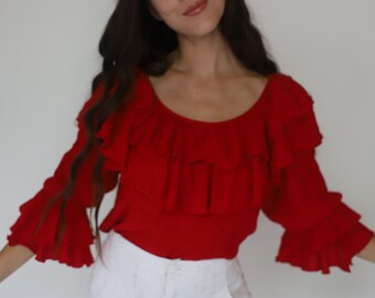 cotton ruffle shoulder light red stripes thin flutter sleeve v neck Vintage summer blouse sleeveless