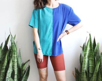 Vintage 1980s medium Norton McNaughton green blue split color block blouse / boxy loose fit