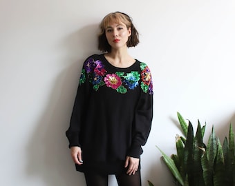 Vintage 1980s 90s oversized slouchy black pullover knit sweater - colorful floral sequin details