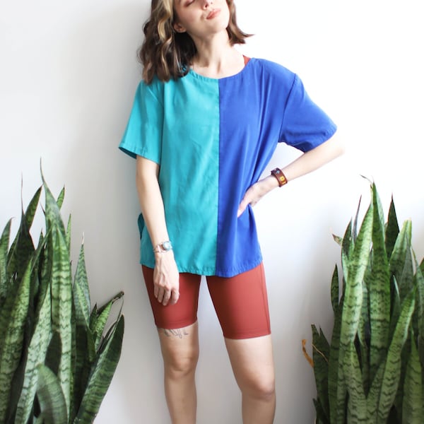 Vintage 1980s medium Norton McNaughton green blue split color block blouse / boxy loose fit