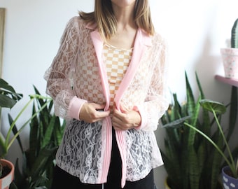 Vintage 1980s 90s Bonnell light pink pastel lace cardigan