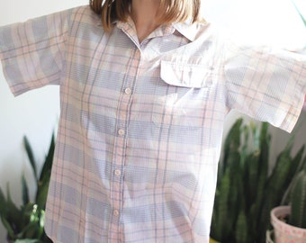 Vintage 1980s The Fox Collection short sleeve button down pastel plaid patterned shirt