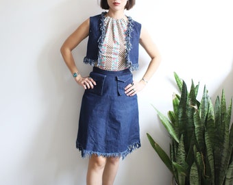 Vintage 1940s 50s xs denim two piece vest + skirt set with fringe