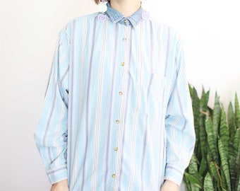 Vintage 1990s large Andrew's Blues light blue striped denim long sleeve oxford shirt