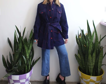 Vintage 1960s Sharpee blue + red trench jacket coat / faux suede