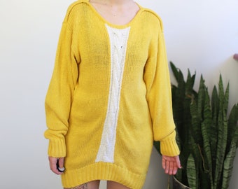 Vintage 1980s 90s small medium bright canary yellow knit pullover sweater - slouchy oversized