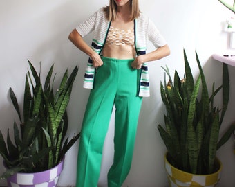 Vintage 1970s Jeanne Durrell two piece blouse + pants set - green white blue / striped