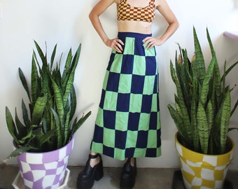 Vintage 1960s xs high waist green dark blue checkered maxi skirt 23" - 24"