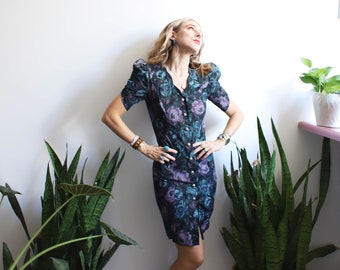 Vintage 1980s 90s xs All that Jazz floral puff sleeve mini dress - scalloped neckline / bodycon fit