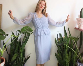 Vintage 1990s xs small  sleeveless pastel light blue periwinkle dress + bolero set