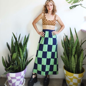Vintage 1960s xs high waist green dark blue checkered maxi skirt 23 24 image 1