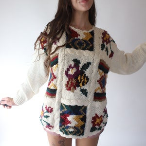 Vintage 1990s medium Cherry Stix Limited hand knit pullover sweater jumper / slouchy loose oversized