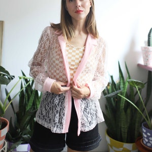 Vintage 1980s 90s Bonnell light pink pastel lace cardigan