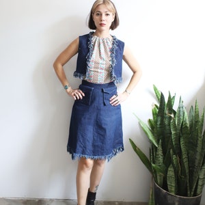 Vintage 1940s 50s xs denim two piece vest skirt set with fringe image 1