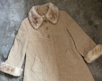 Vintage 1960s 70s beige camel khaki winter coat  faux fur cuffs