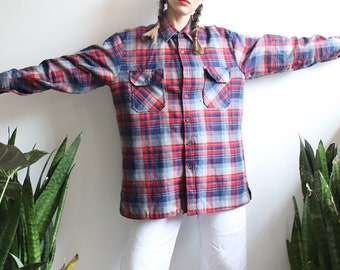 Vintage 1970s 80s Lumberjack flannel jacket shirt button down oxford red blue plaid