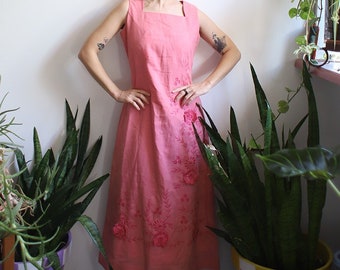 Vintage 1950s 60s sleeveless pink embroidered floral maxi dress gown