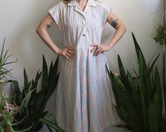 Vintage 1970s 80s white + candy pastel striped dress - pink blue green yellow / shirtdress