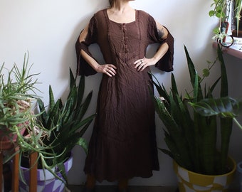 Vintage 1990s flared sleeve cutout chocolate brown eyelet midi dress