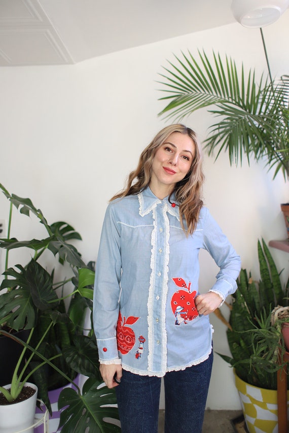 Vintage 1960s 70s xs button down apple + floral f… - image 8