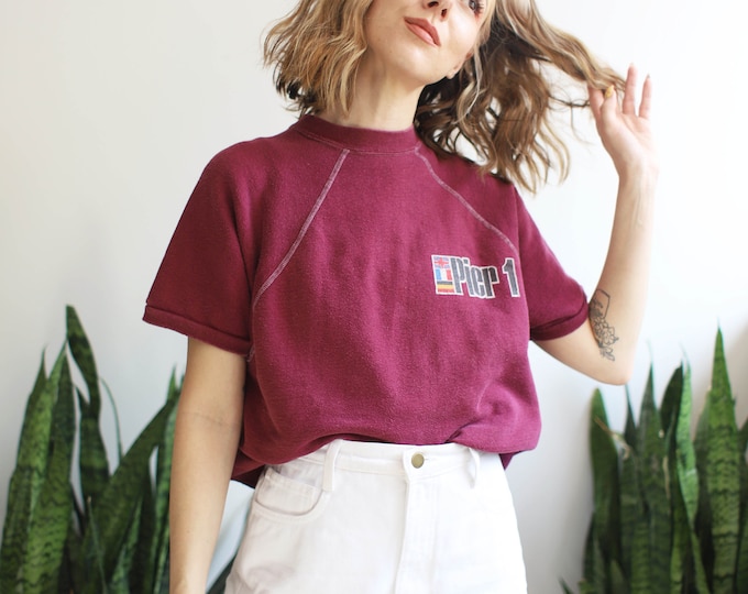 Vintage Velva Sheen 1970s 70s Short Sleeve Sweatshirt Maroon Pier 1