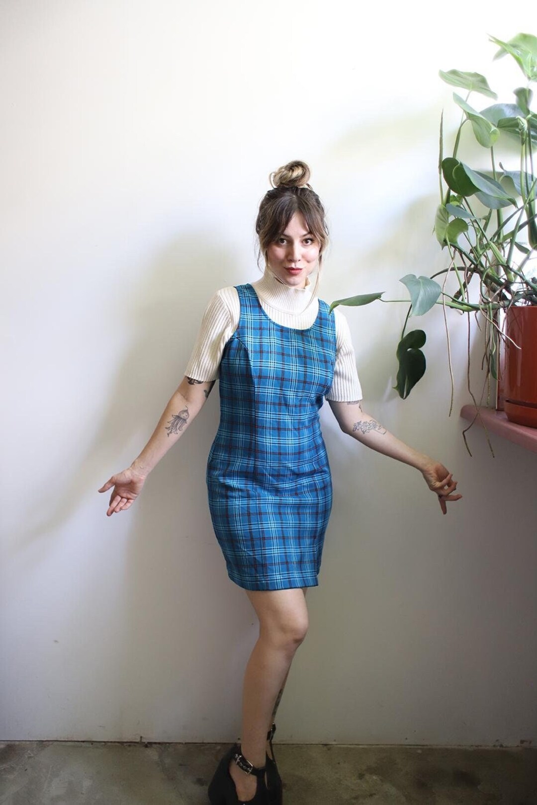 90s Blue Plaid Mini Dress