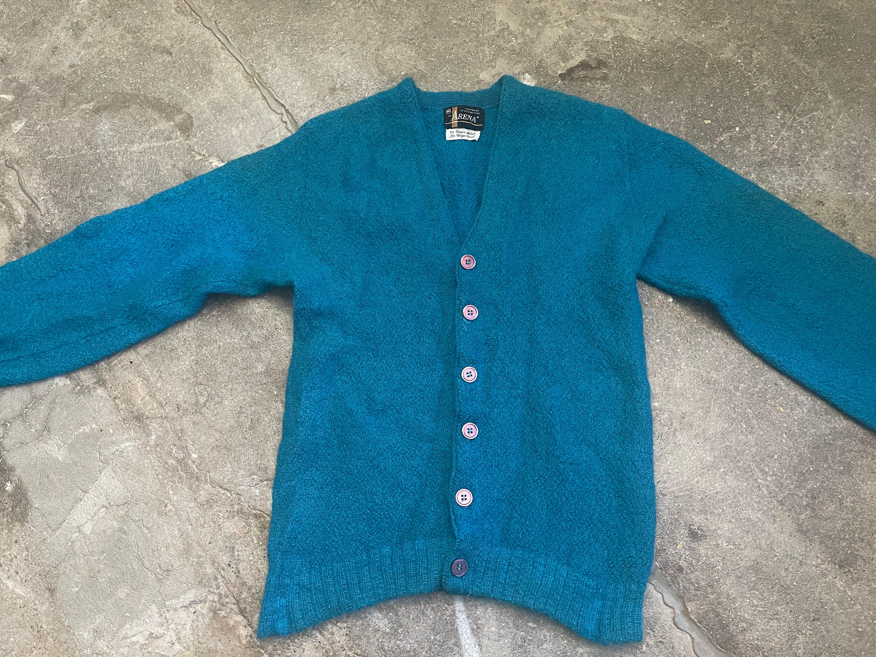 Vintage 1960s Cerulean Blue Mohair Cardigan Sweater Jumper