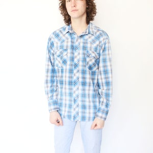 Vintage 1990s 80s large Wrangler long sleeve blue white plaid button up oxford shirt / Western pearl snap