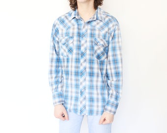 Vintage 1990s 80s large Wrangler long sleeve blue white plaid button up oxford shirt / Western pearl snap