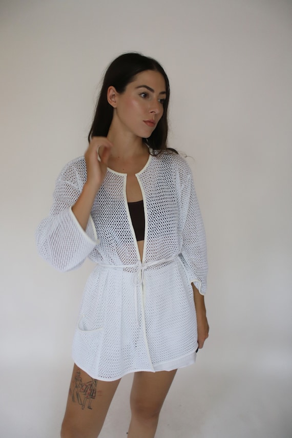 Vintage 1980s Catalina white netted cardigan / swi